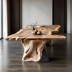 میز چوبی منحصر به فرد با طراحی طبیعی و استفاده از نورپردازی LED برای ایجاد جلوه‌ای خاص و متفاوت در فضای داخلی.