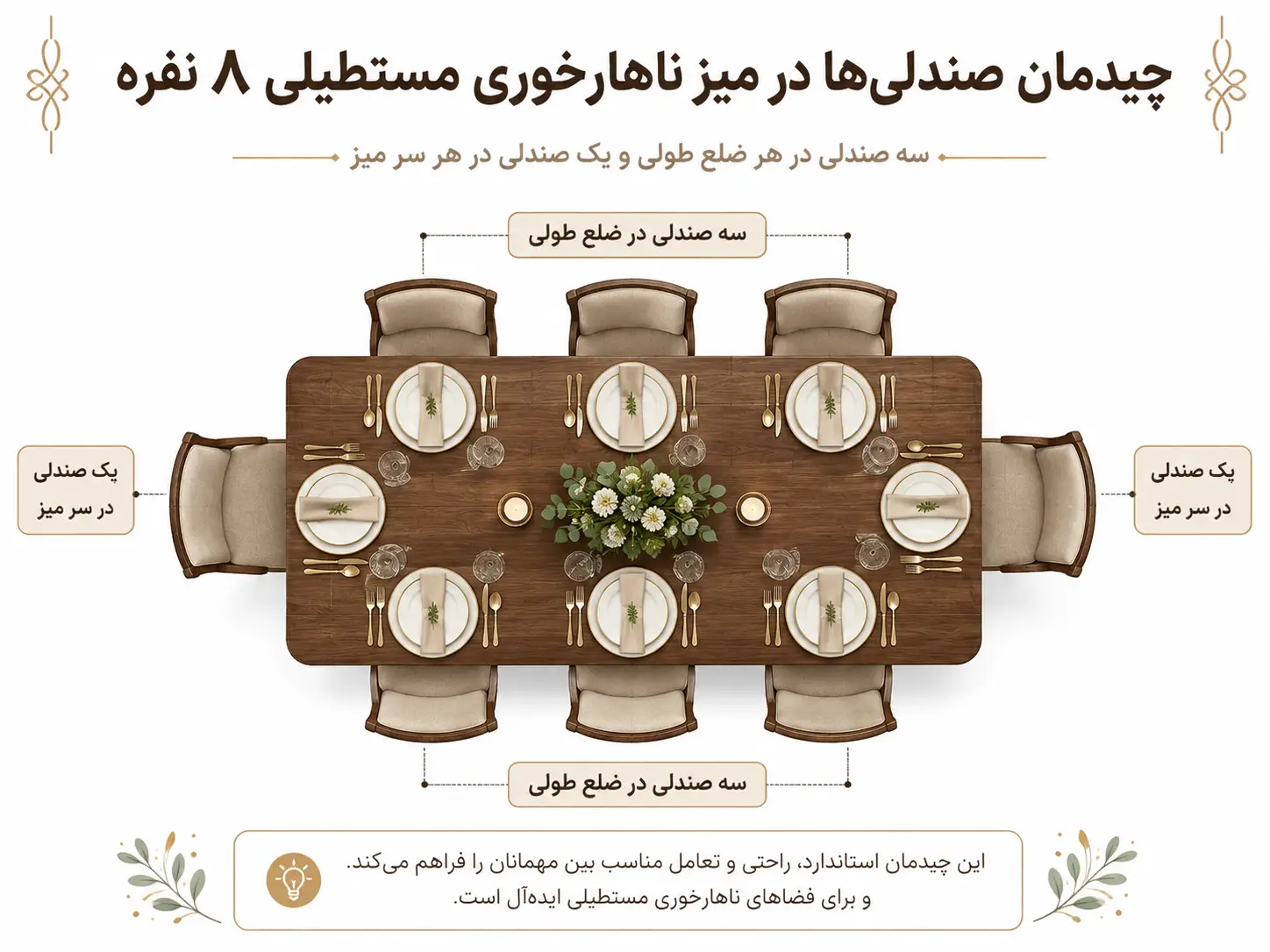 چیدمان صندلیهای میز ناهارخوری مستطیلی ۸ نفره